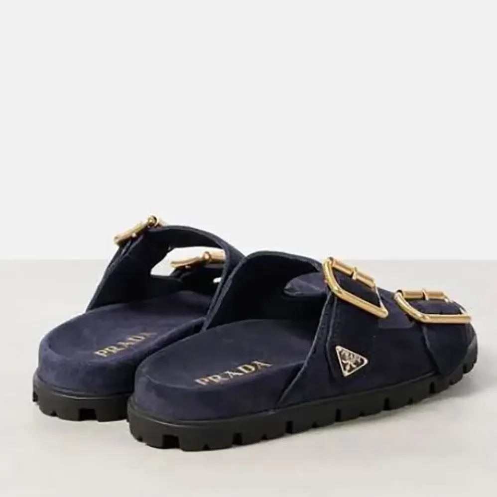 Prada Suede Strap Slides with Metal Buckle for Unisex in Navy Prada Suede Strap Slides with Metal Buckle for Unisex in Navy