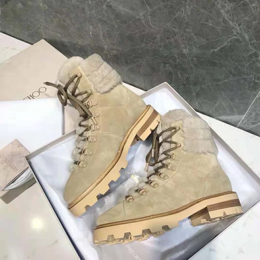 Jimmy Choo Eshe Flat Shearling Stucco Suede Hiking Boots for Women Jimmy Choo Eshe Flat Shearling Stucco Suede Hiking Boots for Women