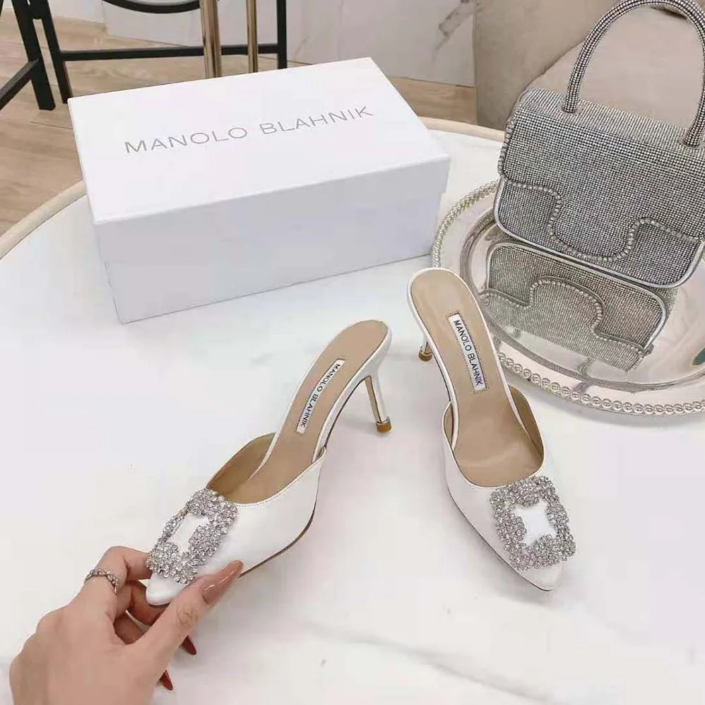 Manolo Blahnik Off-White Satin Jewel Buckle Mules for Women