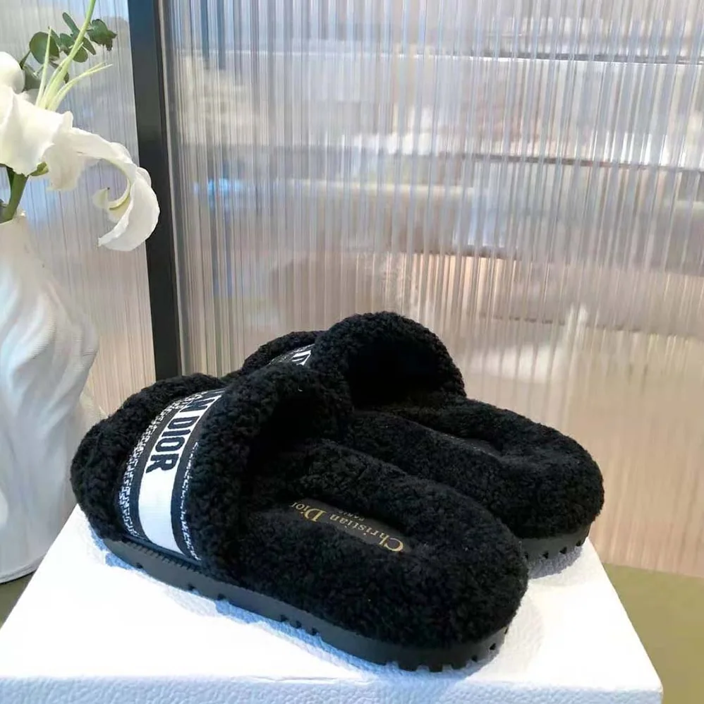Dior Dway Slide Black Embroidered Cotton and Shearling for Women Dior Dway Slide Black Embroidered Cotton and Shearling for Women