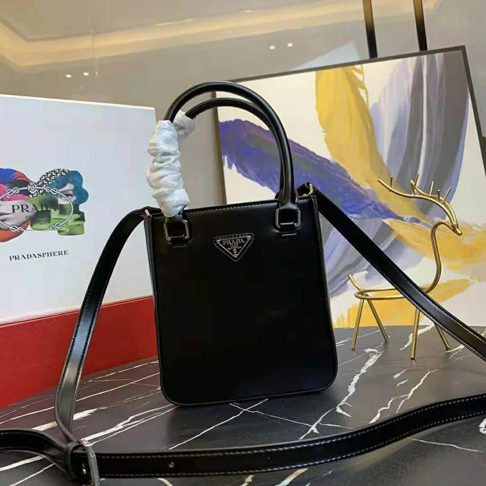 Prada Small Brushed Leather Tote for Women in Black