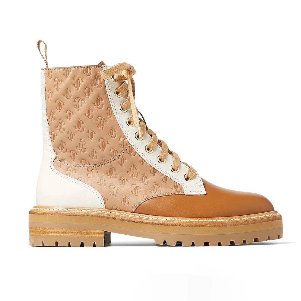 Jimmy Choo Cora Flat Caramel JC Monogram Leather Mix Combat Boots for Women