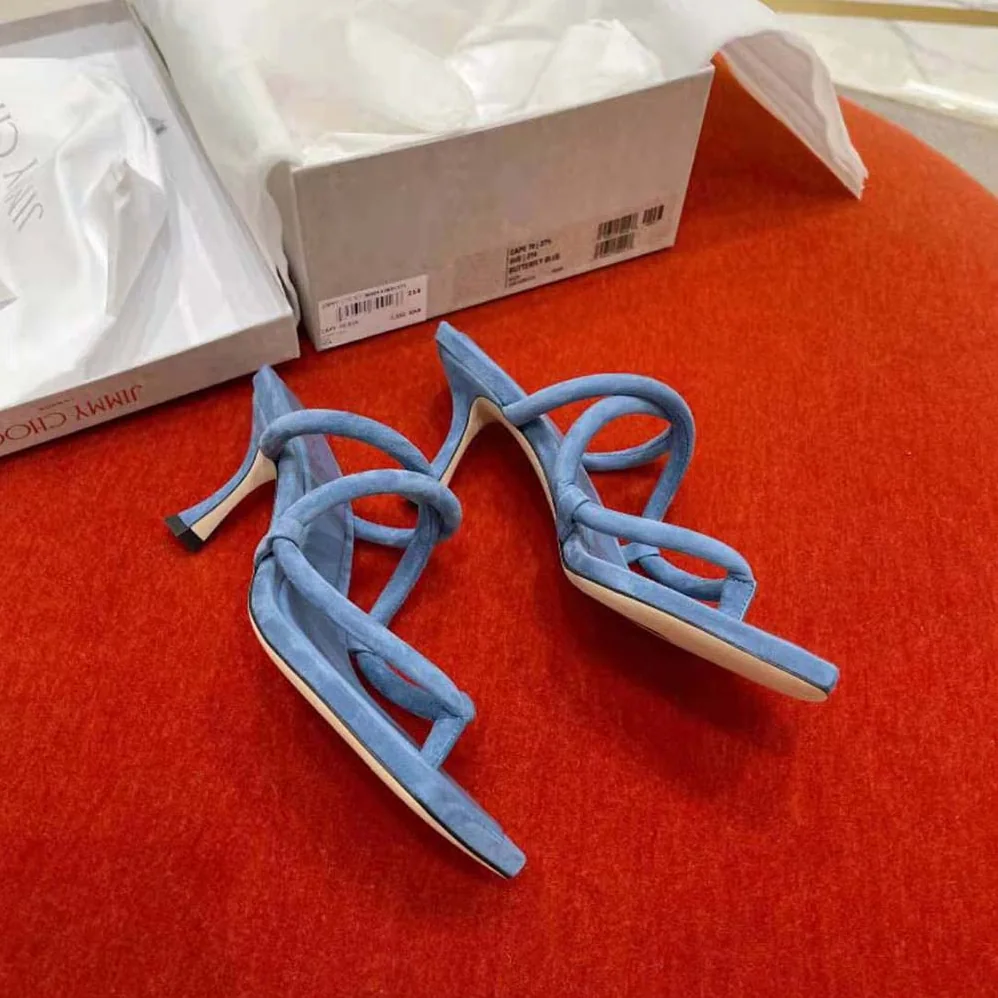 Jimmy Choo Cape 70 Butterfly Blue Suede Thong Mules for Women