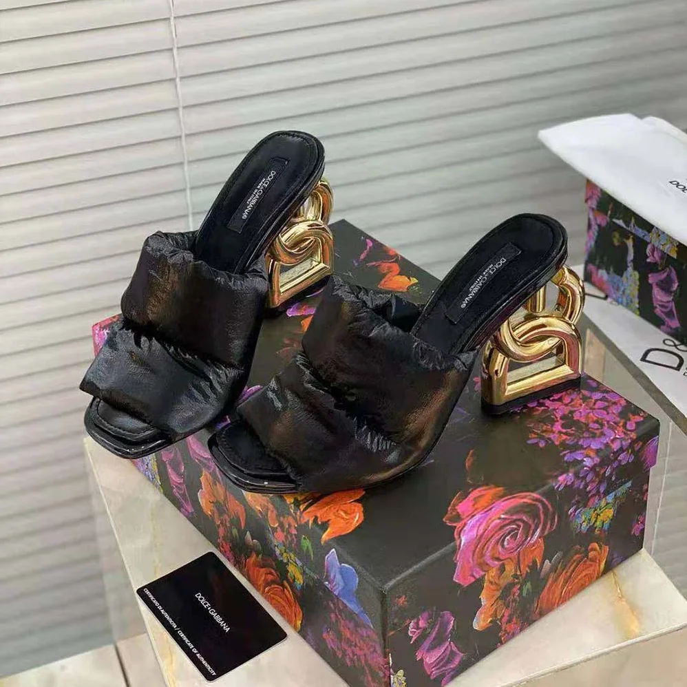 Dolce Gabbana D&G Down-Padded Mules with DG Pop Heel for Women in Black