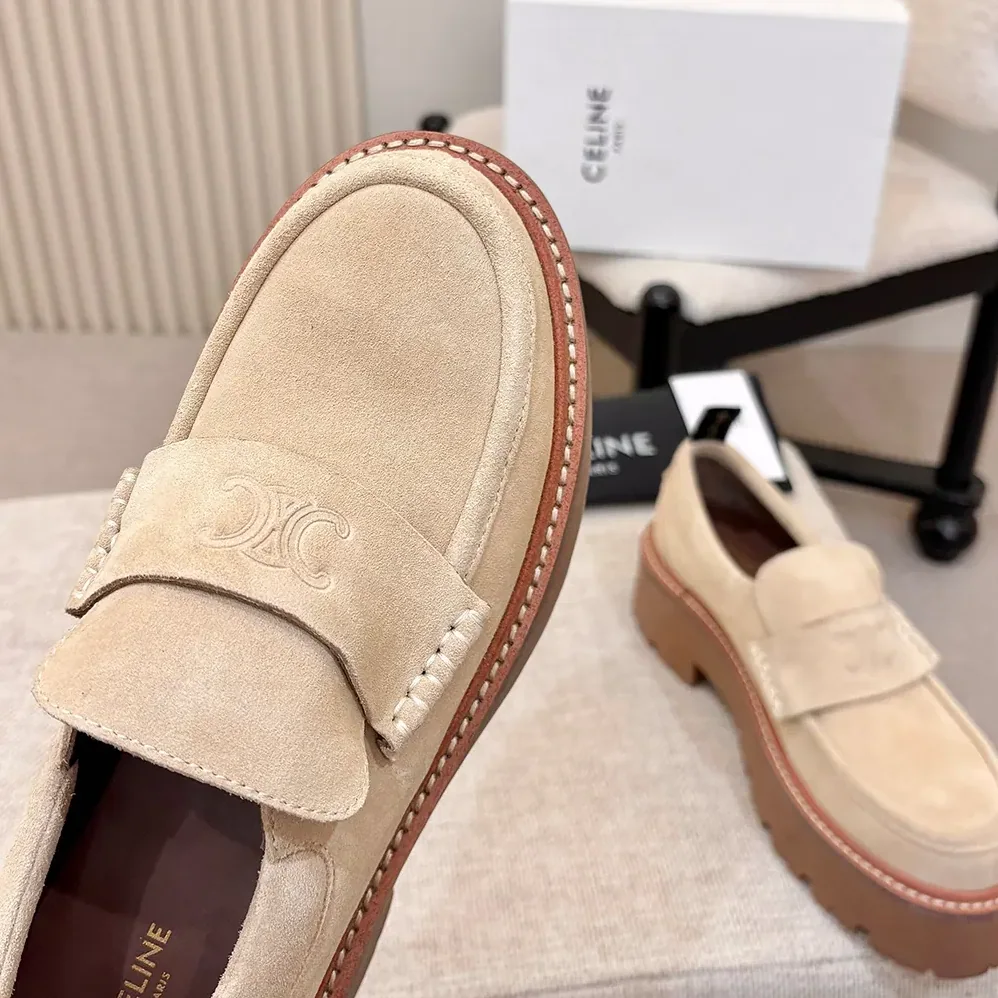 Celine Triomphe Loafers in Suede Calfskin for Women in Beige Celine Triomphe Loafers in Suede Calfskin for Women in Beige