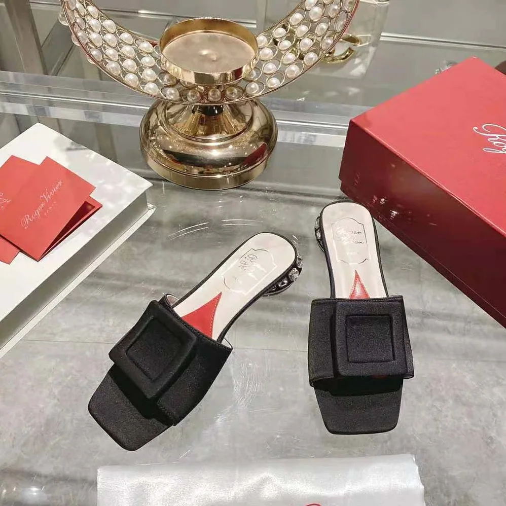 Roger Vivier Strass Heel Covered Buckle Mules in Satin for Women in Black Roger Vivier Strass Heel Covered Buckle Mules in Satin for Women in Black