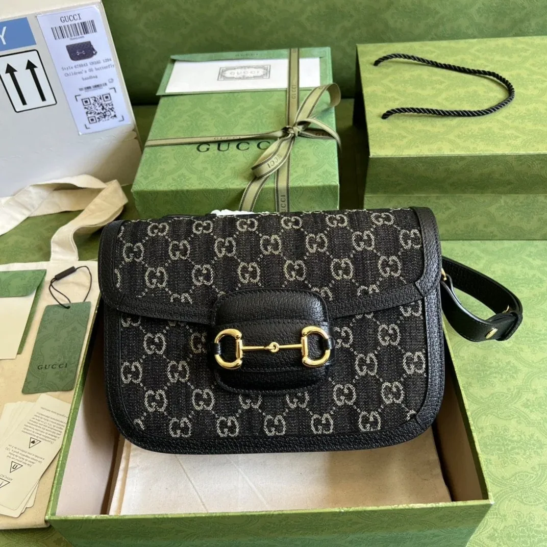 Gucci Horsebit 1955 Shoulder Bag / Black And Ivory GG Denim Jacquard Gold Hardware Gucci Horsebit 1955 Shoulder Bag / Black And Ivory GG Denim Jacquard Gold Hardware