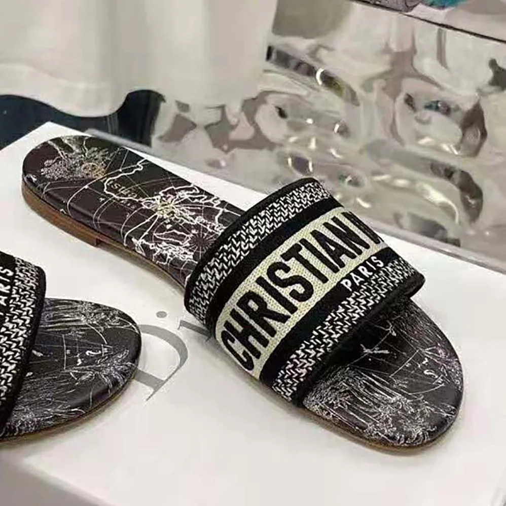 Dior Dway Slide Black Dior Around the World Embroidered Cotton for Women Dior Dway Slide Black Dior Around the World Embroidered Cotton for Women