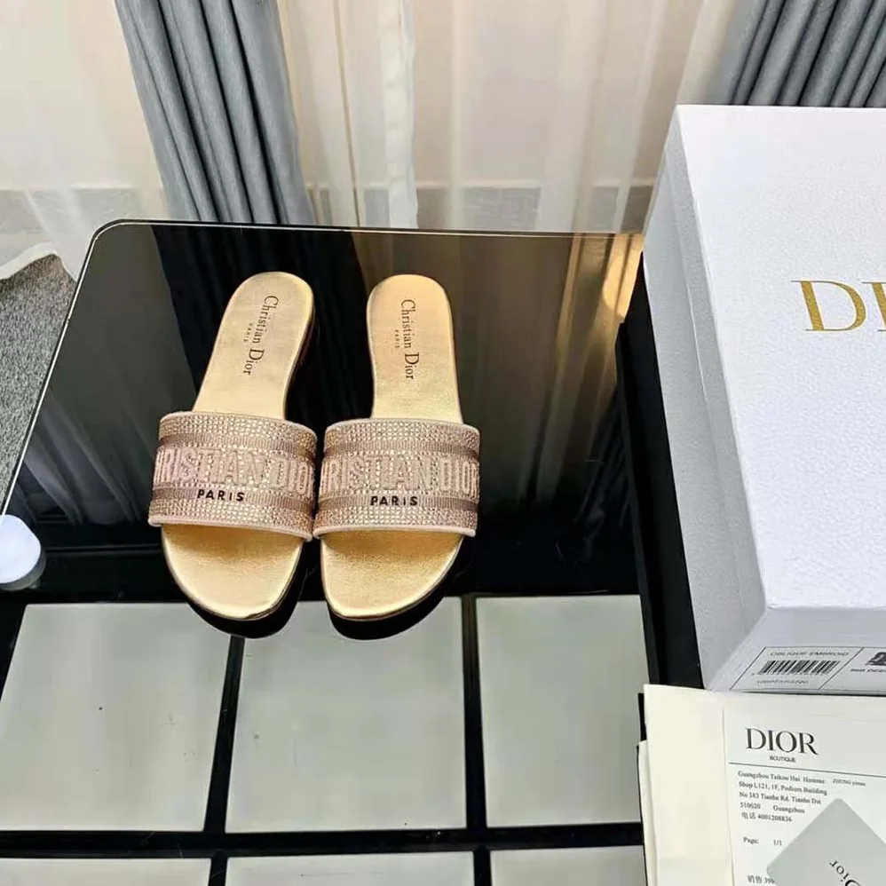 Dior Dway Slide Gold-Tone Cotton Embroidered with Metallic Thread and Strass for Women Dior Dway Slide Gold-Tone Cotton Embroidered with Metallic Thread and Strass for Women
