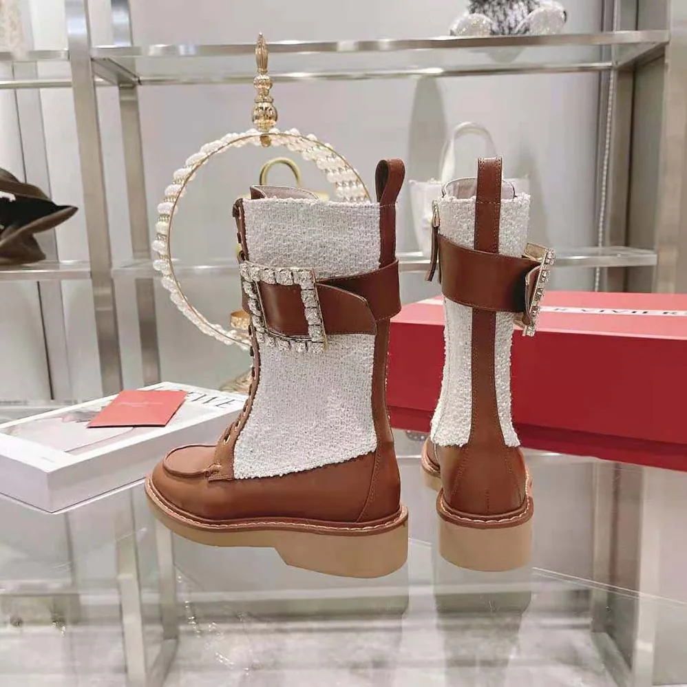 Roger Vivier Viv' Rangers Strass Buckle Boots in Fabrics for Women Roger Vivier Viv' Rangers Strass Buckle Boots in Fabrics for Women