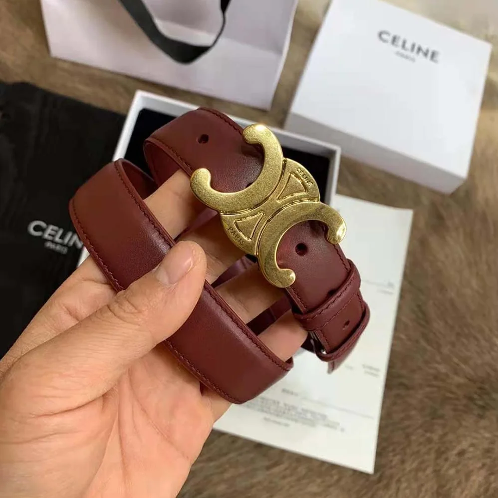 Celine Triomphe Belt in Smooth Calfskin for Women in Maroon