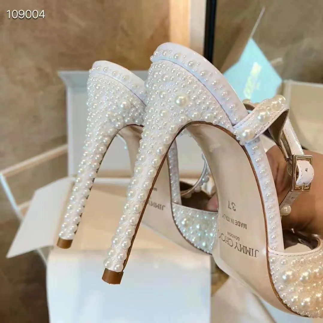 Jimmy Choo SACORA 100 White Satin Sandals with All Over Pearls for Women Jimmy Choo SACORA 100 White Satin Sandals with All Over Pearls for Women