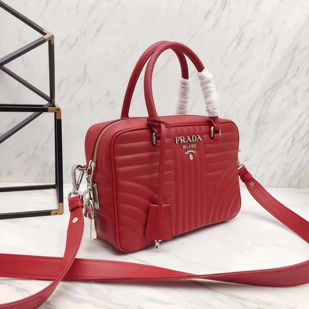 Prada Diagramme Big Leather Handbag with Top Handle in Red
