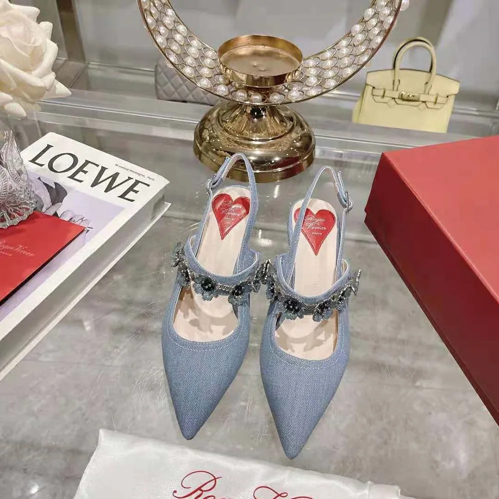 Roger Vivier Virgule Flower Slingback Pumps in Denim for Women