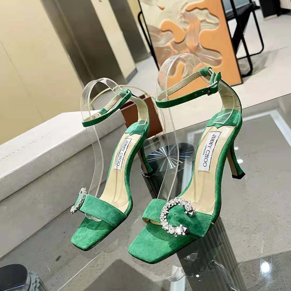 Jimmy Choo Marsai 90 Malachite Suede Sandals with Crystal Buckle for Women Jimmy Choo Marsai 90 Malachite Suede Sandals with Crystal Buckle for Women