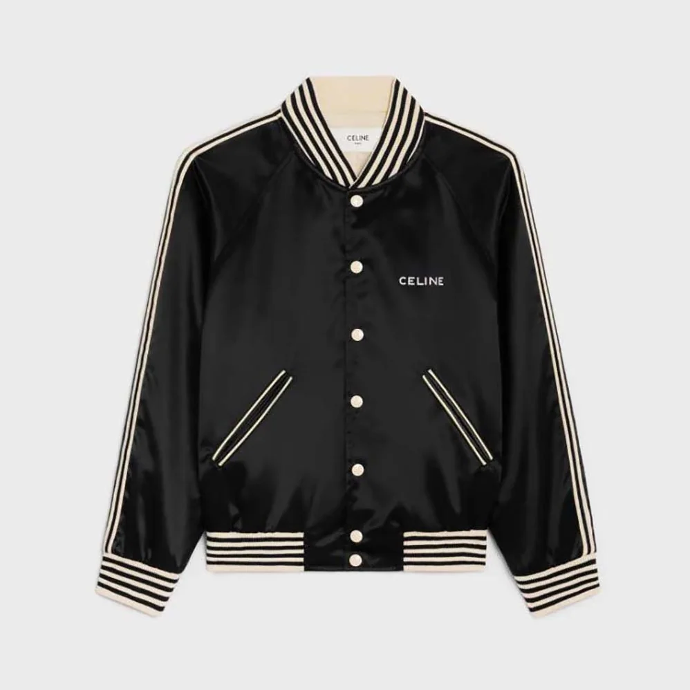 Celine Embroidered Teddy Jacket in Satin-finish Nylon for Men in Black