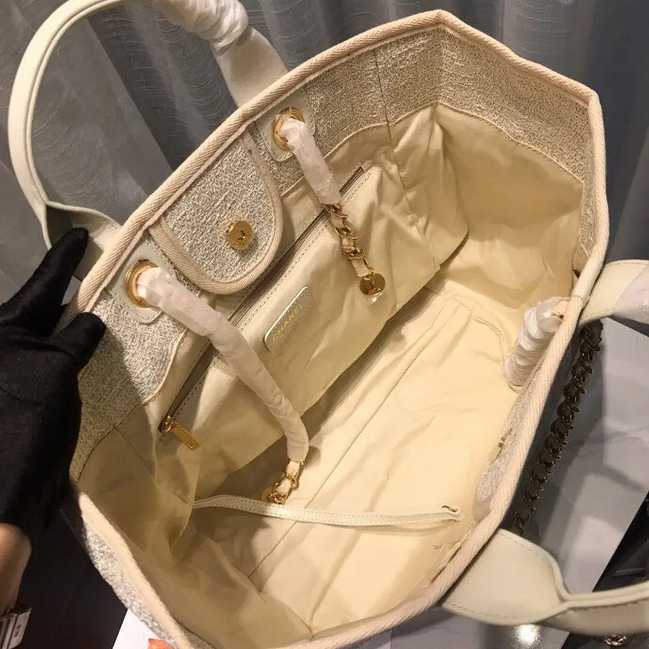 Chanel Deauville Tote Bag / Beige Tweed Canvas Gold Hardware