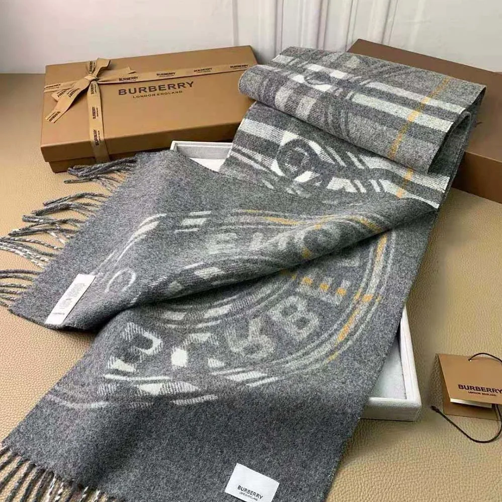 Burberry Montage Print Check Cashmere Scarf for Women in Silver