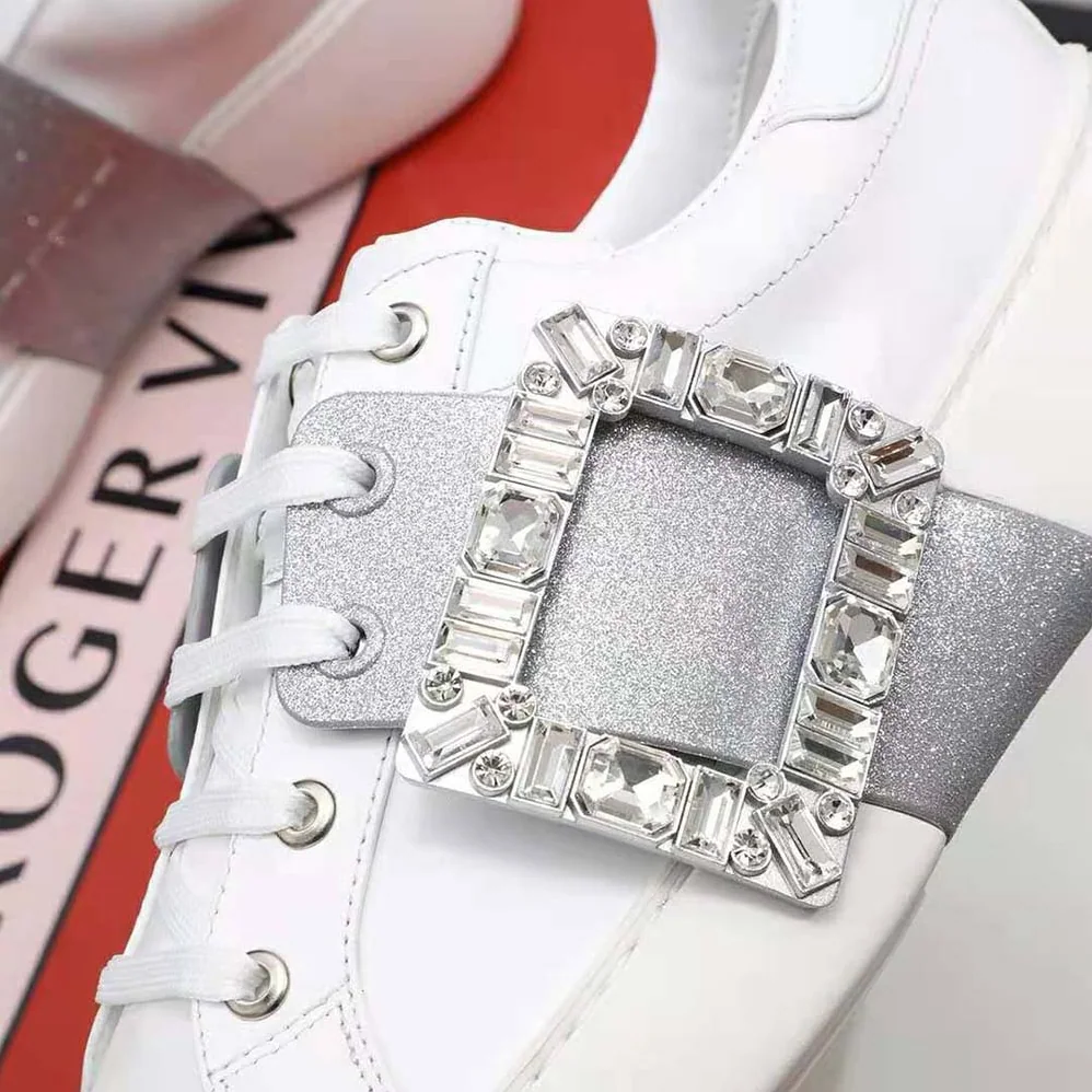 Roger Vivier Viv' Skate Glitter Strass Buckle Sneakers in Soft Leather for Women in Silver Roger Vivier Viv' Skate Glitter Strass Buckle Sneakers in Soft Leather for Women in Silver