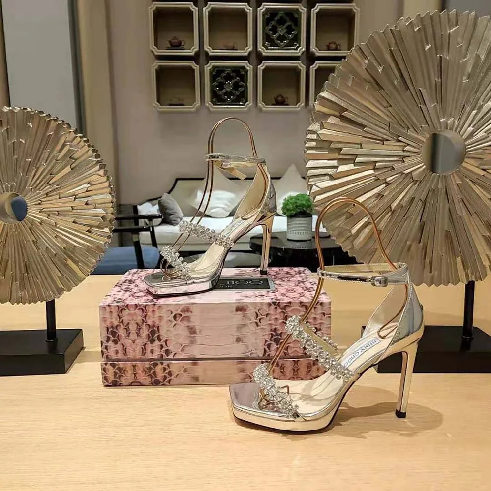 Jimmy Choo Bing Sandal 105 Silver Liquid Metal Sandals with Crystal Straps for Women Jimmy Choo Bing Sandal 105 Silver Liquid Metal Sandals with Crystal Straps for Women