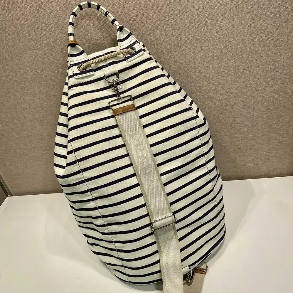 Prada Striped Canvas Drawstring Duffel Bag for Unisex in White