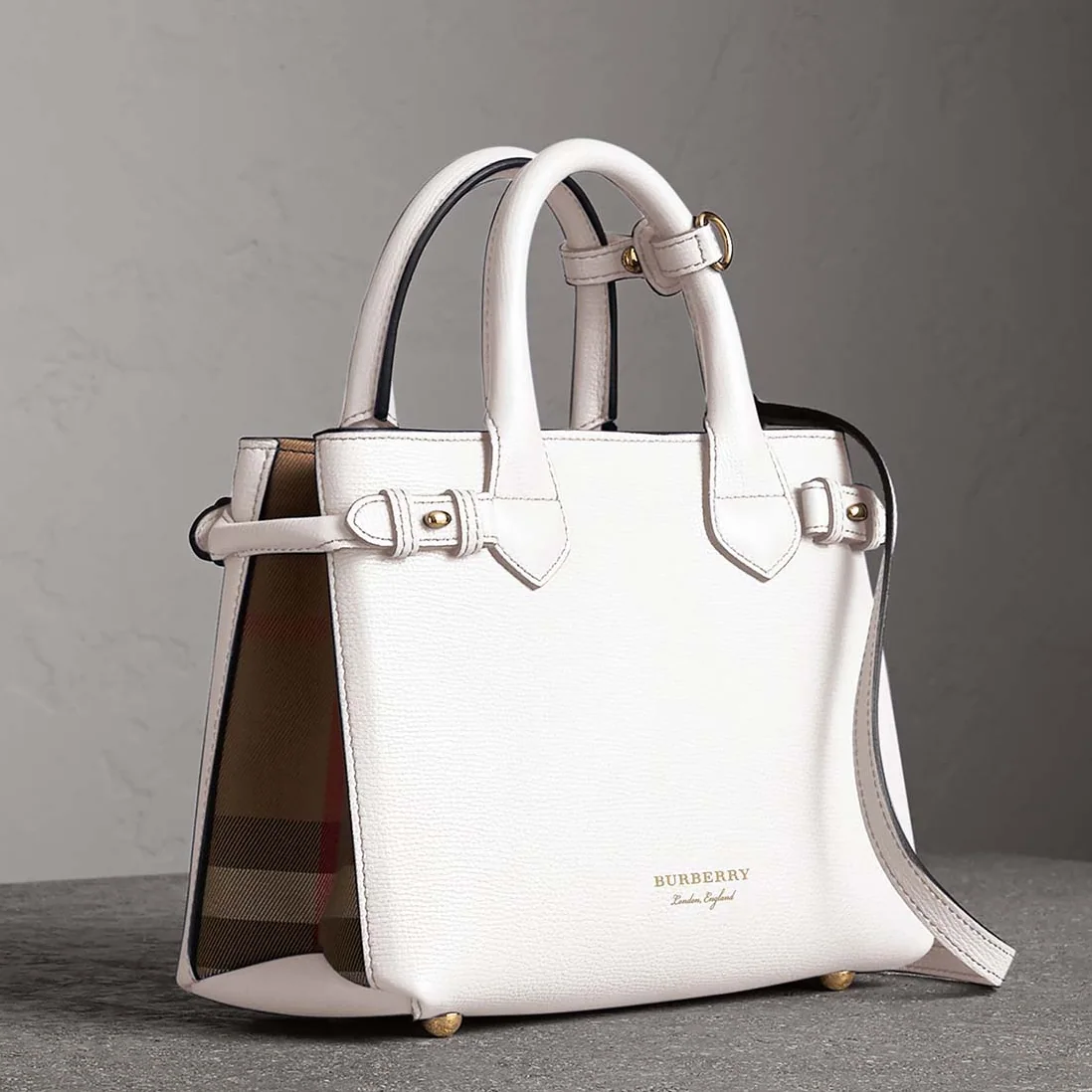 Burberry Small Banner Bag in Leather and House Check in White Burberry Small Banner Bag in Leather and House Check in White