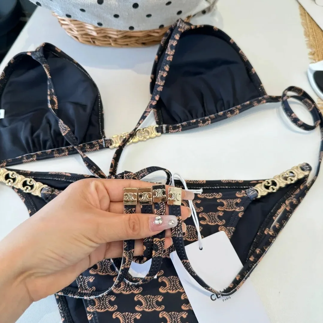 Celine Triomphe Monogram Triangle Bikini Black in Gold Celine Triomphe Monogram Triangle Bikini Black in Gold