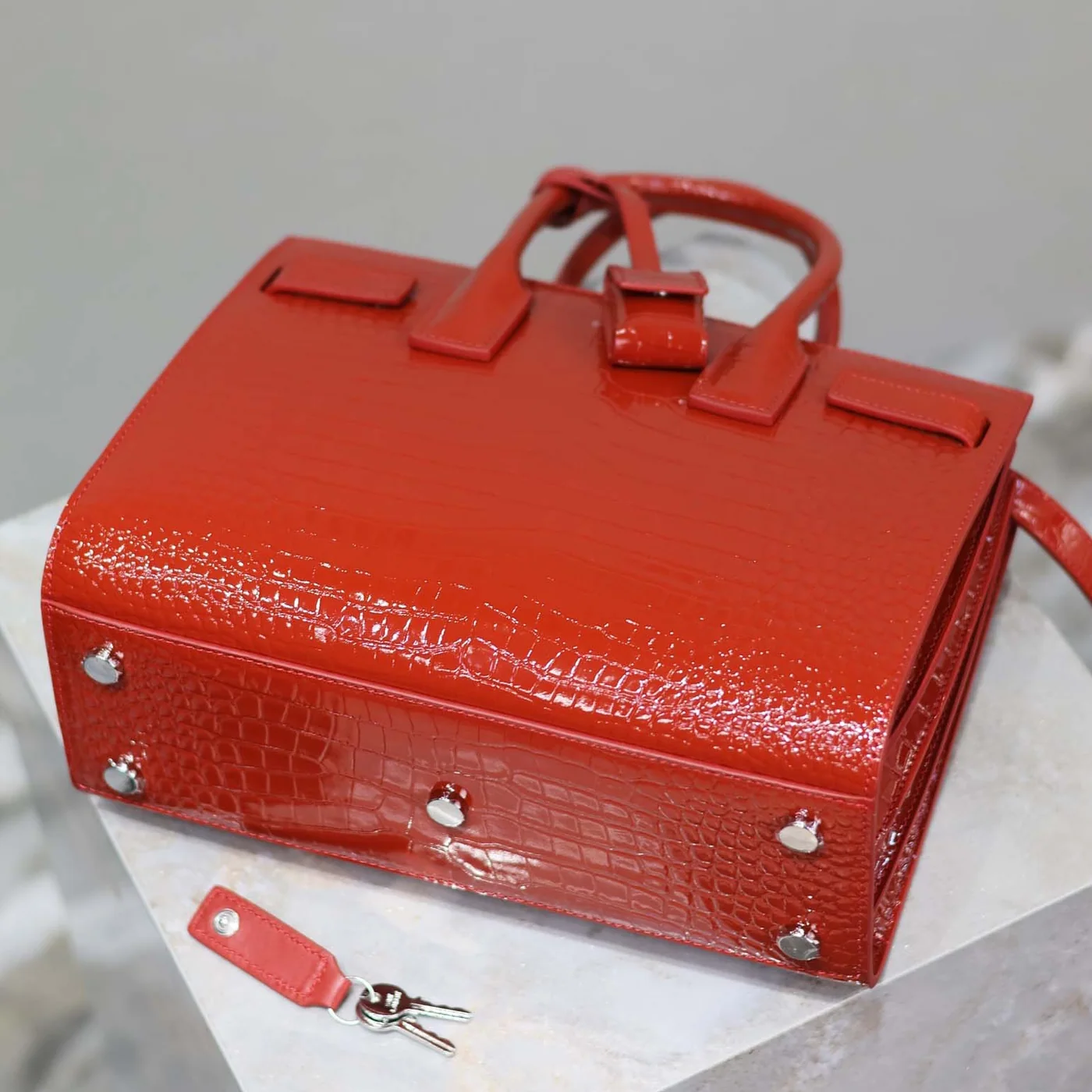 Saint Laurent YSL Sac De Jour in Embossed Crocodile Leather Baby for Women in Red Saint Laurent YSL Sac De Jour in Embossed Crocodile Leather Baby for Women in Red