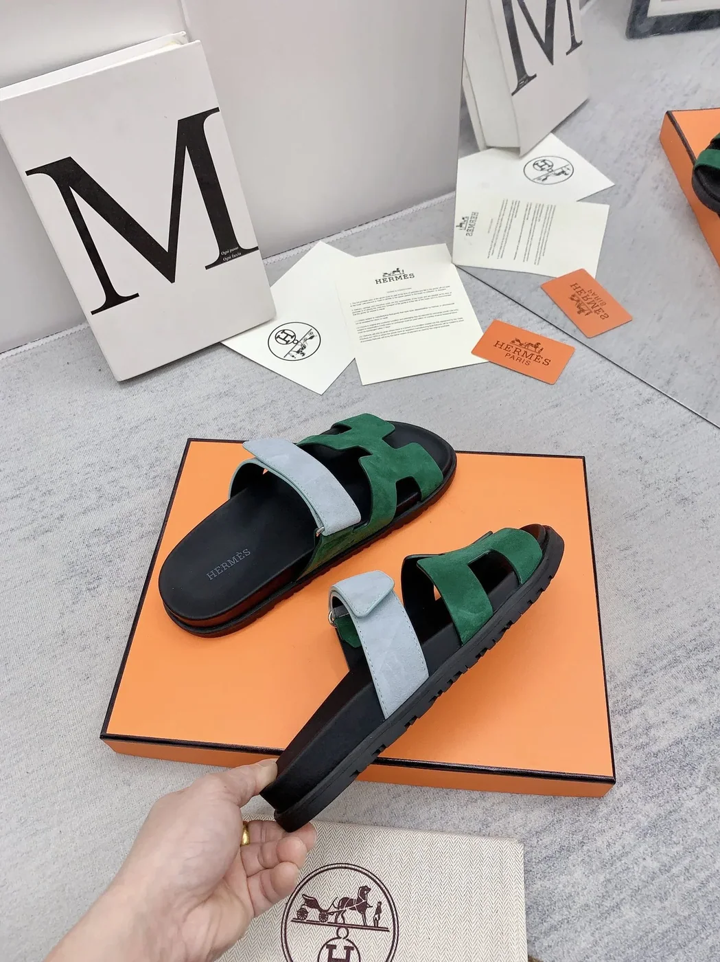 Hermes Chypre Sandal Green in Blue Hermes Chypre Sandal Green in Blue