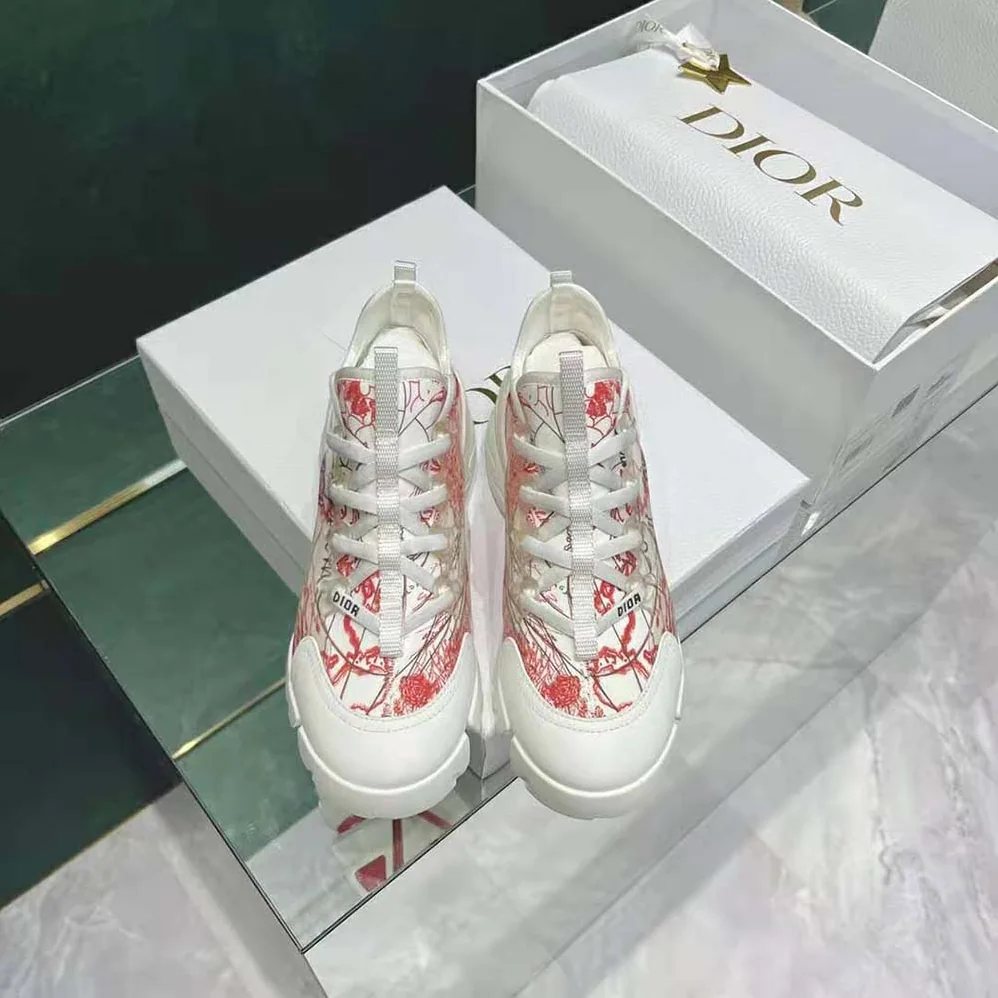 Dior D-connect Dioramour Sneaker White and Red D-Royaume d'Amour Printed Technical Fabric for Women Dior D-connect Dioramour Sneaker White and Red D-Royaume d'Amour Printed Technical Fabric for Women
