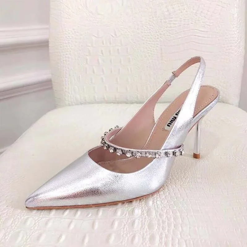 Miu Miu Shoes Nappa Leather Slingbacks with Crystals 85mm Heel for Women in Silver