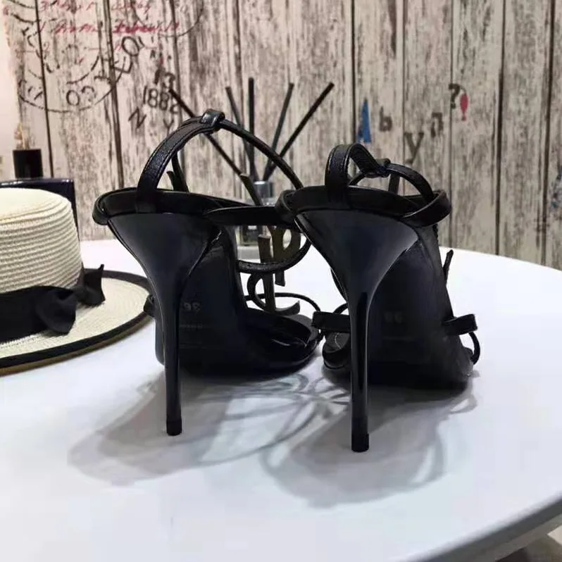 Saint Laurent YSL Cassandra Sandals with Black Logo in Patent Leather (110) Heel Height for Women in Black