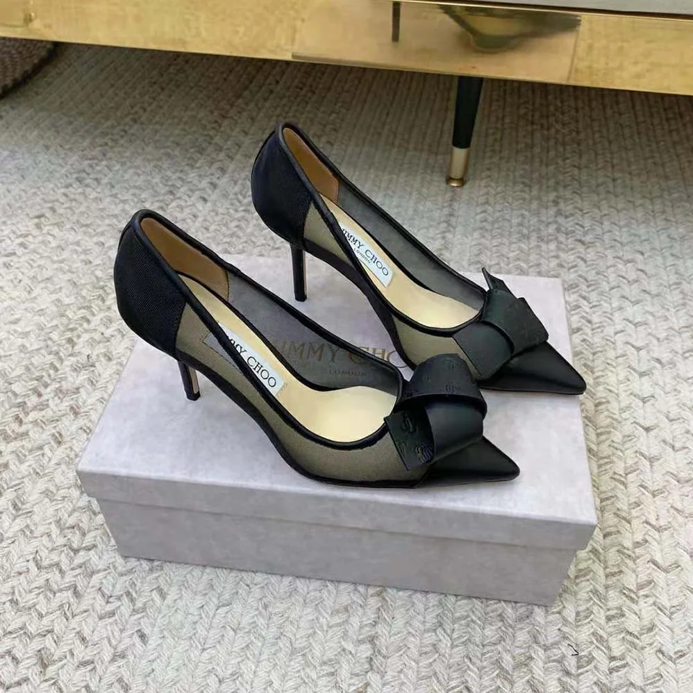Jimmy Choo Lani 100 Black Mesh Pumps with JC Monogram Leather Bow for Women