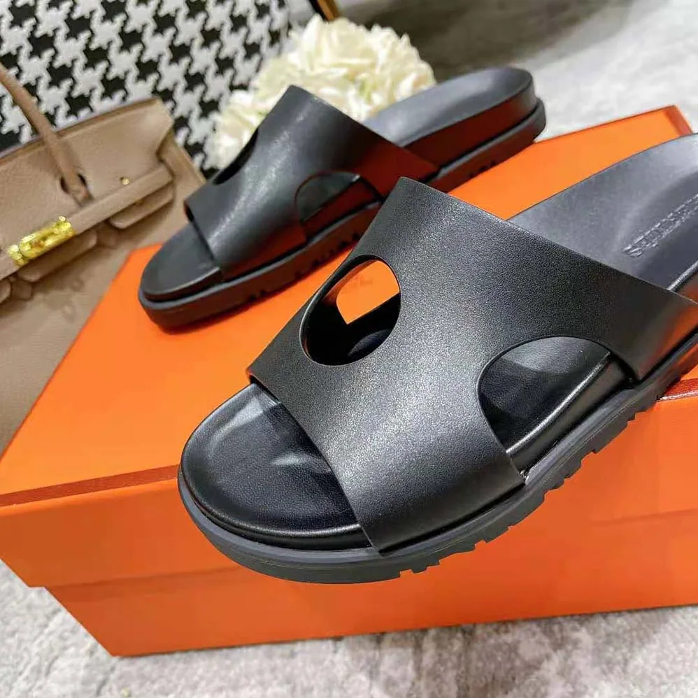 Hermes Edith Sandal in Calfskin with Perforated Upper for Women in Black