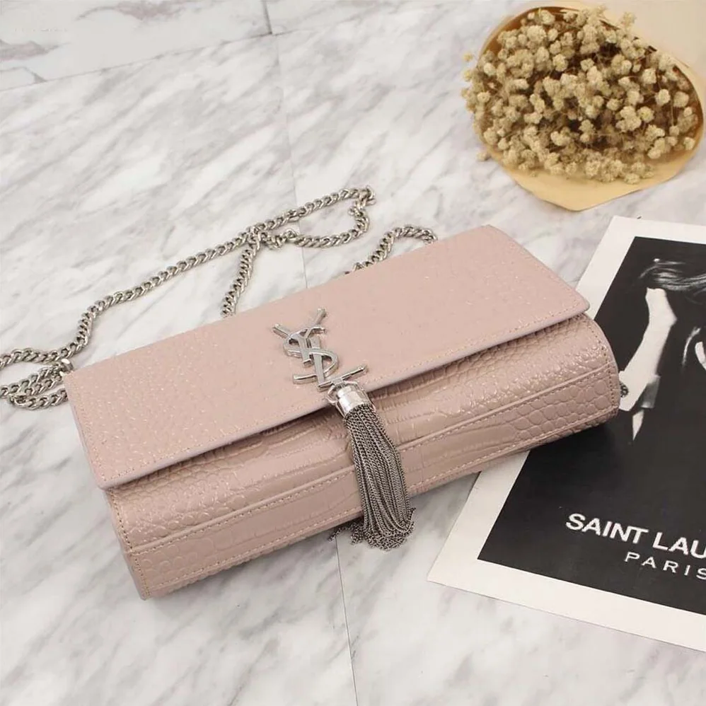 Saint Laurent YSL Kate Small Tassel Embossed Crocodile Shiny Calfskin for Women in Pink