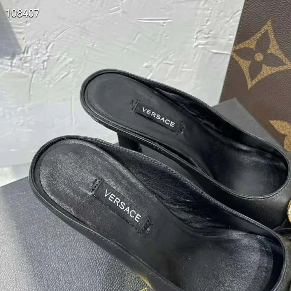 Versace Medusa Chain Nappa Leather Mules for Women in Black Versace Medusa Chain Nappa Leather Mules for Women in Black