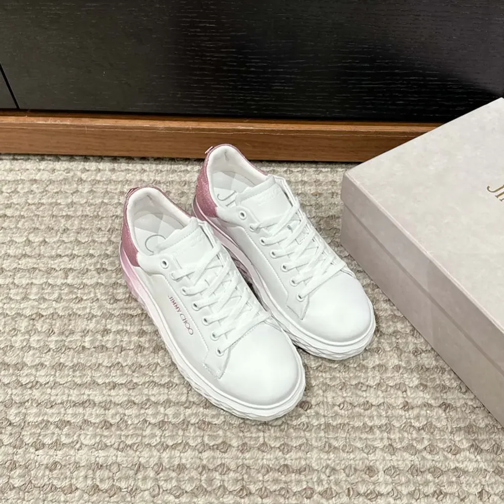 Jimmy Choo Diamond Maxi/F II White & Rose Nappa Leather Glitter Trainers for Women Jimmy Choo Diamond Maxi/F II White & Rose Nappa Leather Glitter Trainers for Women