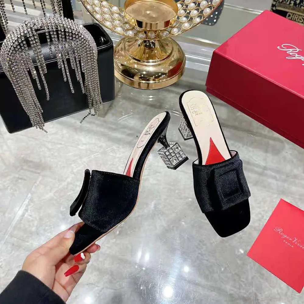 Roger Vivier Cube Strass Heel Mules in Satin for Women in Black Roger Vivier Cube Strass Heel Mules in Satin for Women in Black