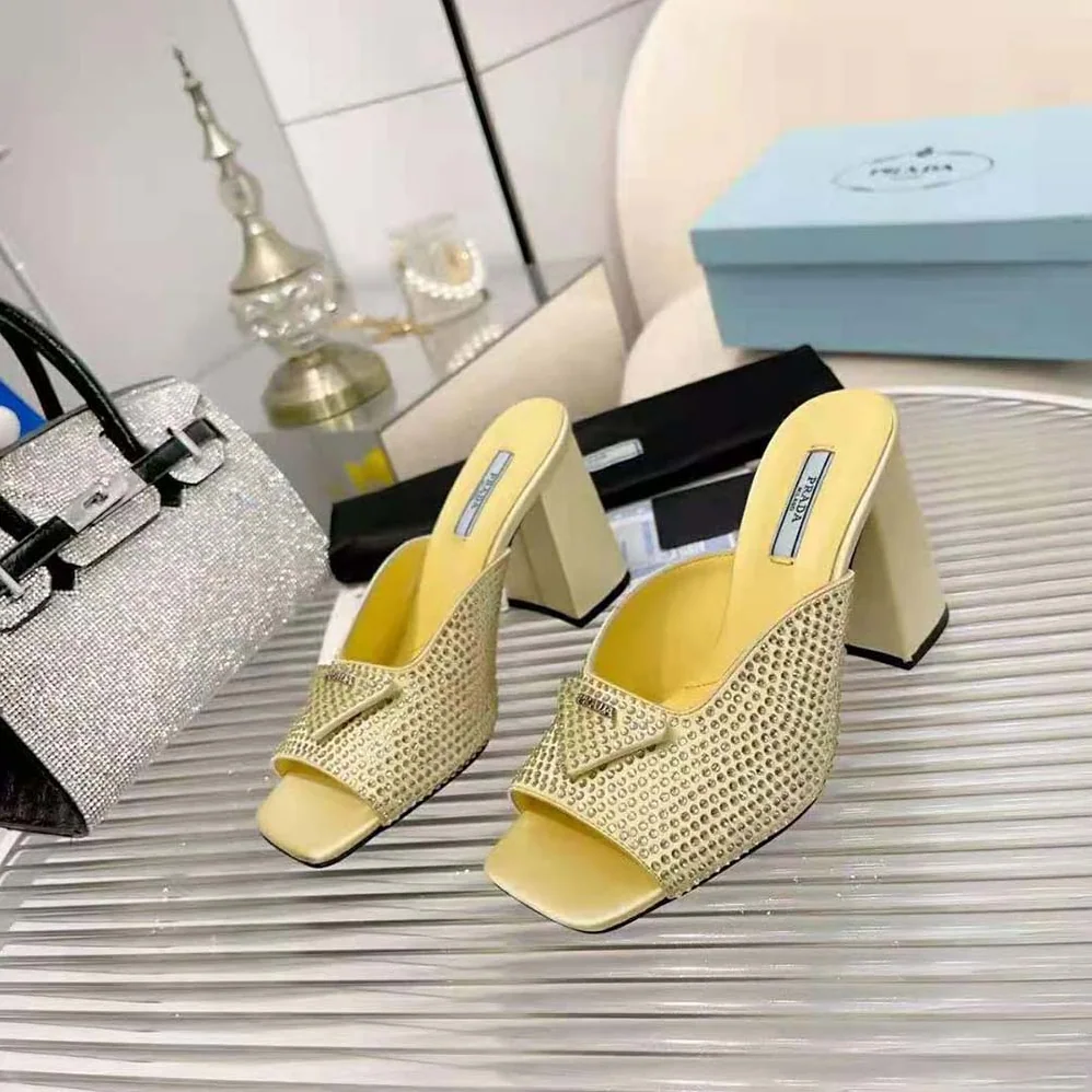 Prada High-Heeled Satin Slides with Crystals for Women in Yellow