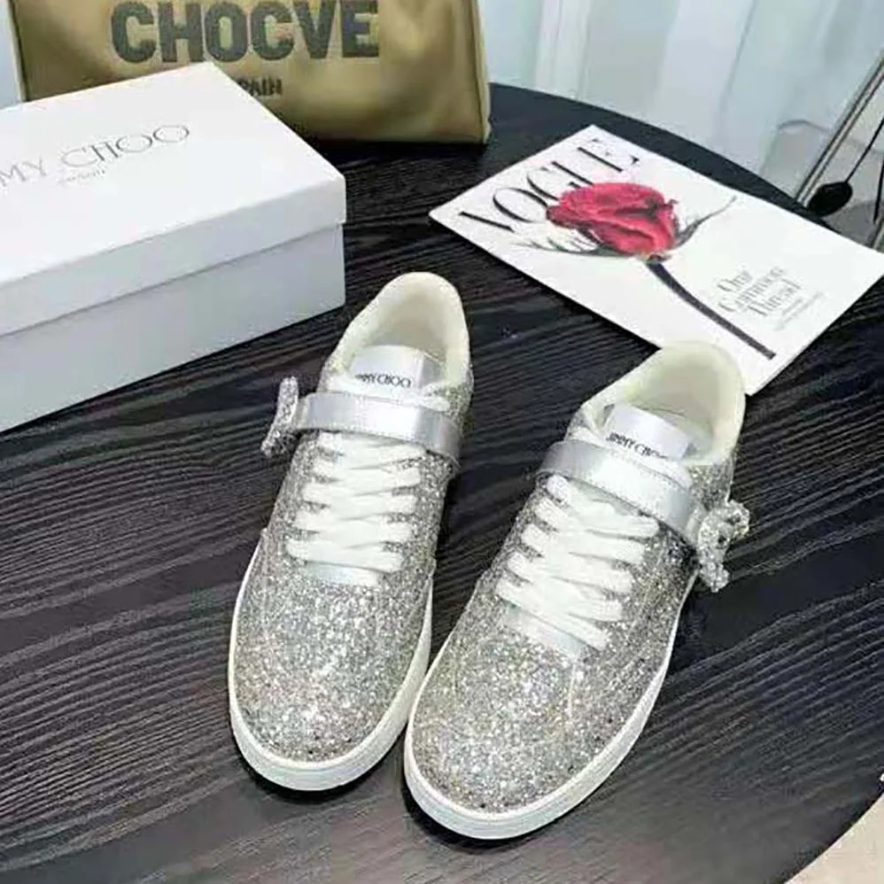 Jimmy Choo Osaka Lace up Platinum Dazzling Coarse Glitter Fabric Low Top Trainers for Women Jimmy Choo Osaka Lace up Platinum Dazzling Coarse Glitter Fabric Low Top Trainers for Women