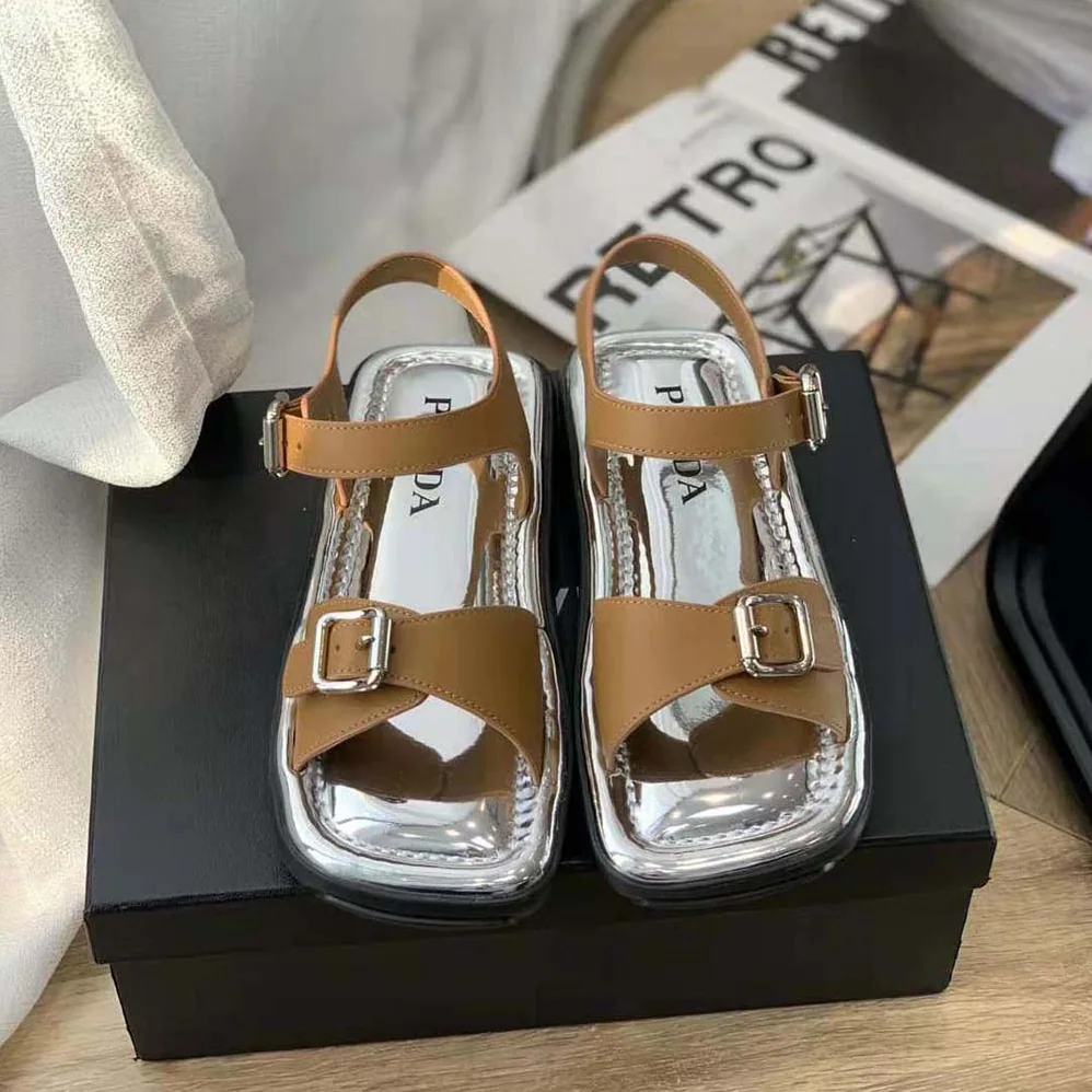 Prada Flat Rectangular Leather Sandals for Women in Brown Prada Flat Rectangular Leather Sandals for Women in Brown