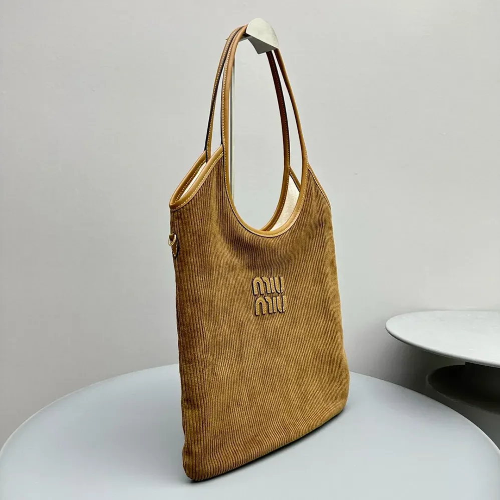 Miu Miu IVY Corduroy Bag with Leather Lettering Logo for Women in Brown Miu Miu IVY Corduroy Bag with Leather Lettering Logo for Women in Brown