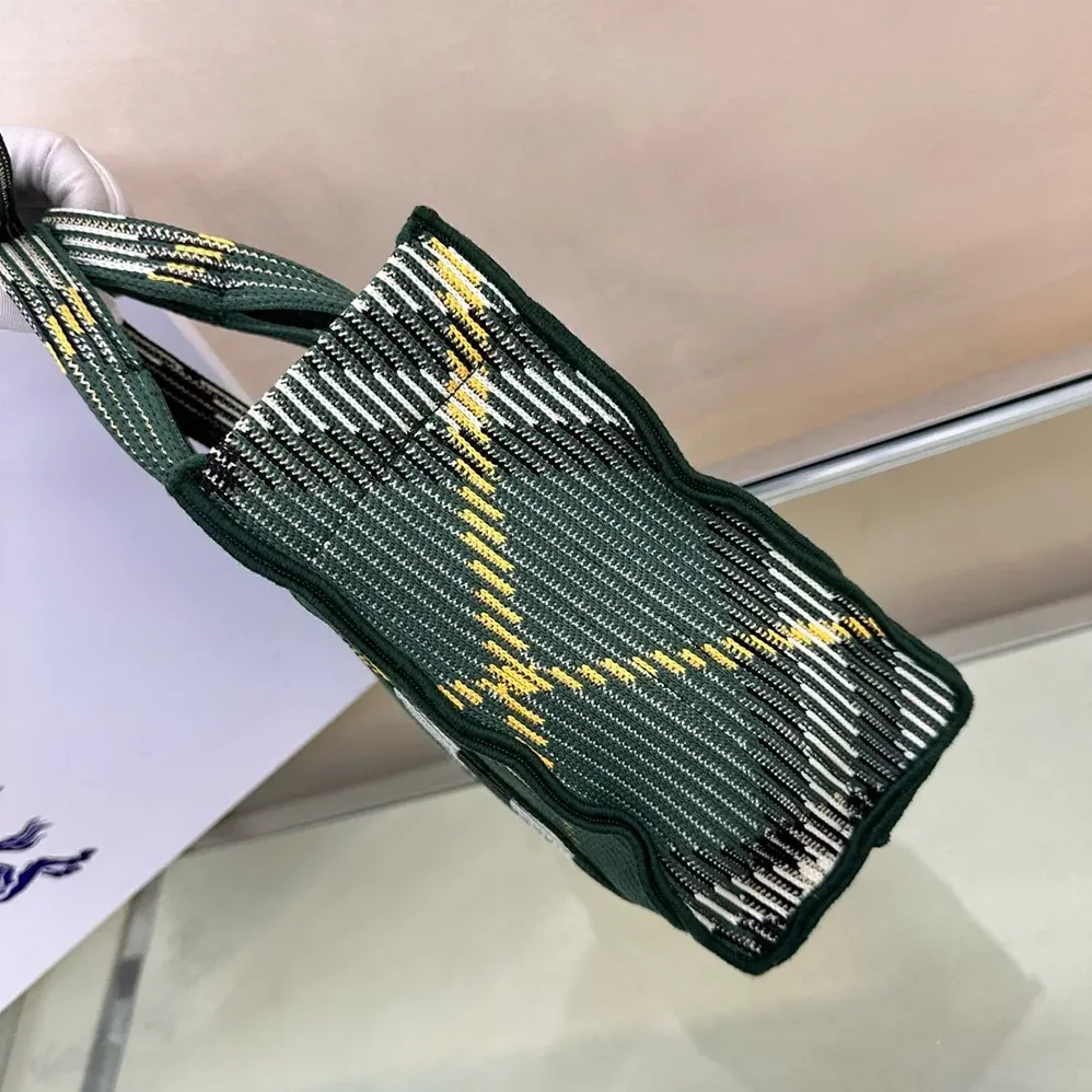 Burberry Mini Check Knitted Tote for Women in Green Burberry Mini Check Knitted Tote for Women in Green