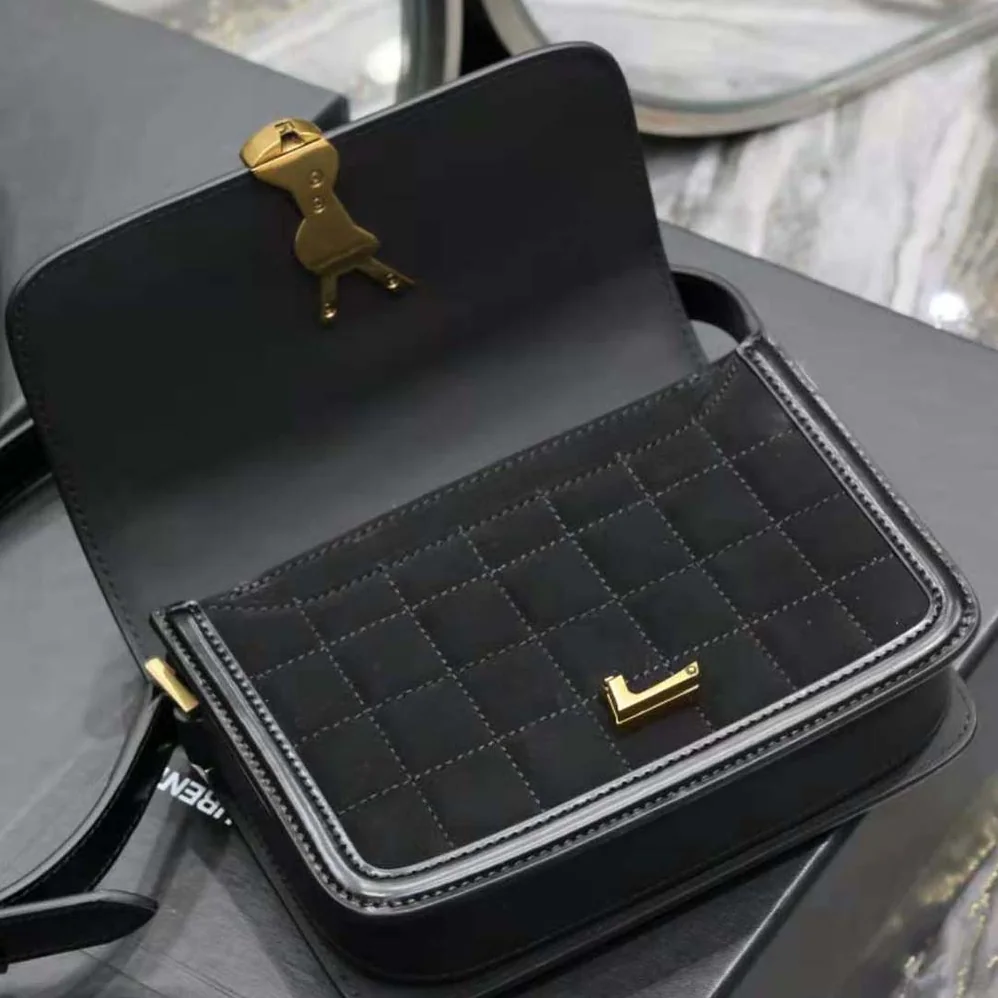 Saint Laurent YSL Solferino Small Satchel in Quilted Nubuck Suede for Women in Black