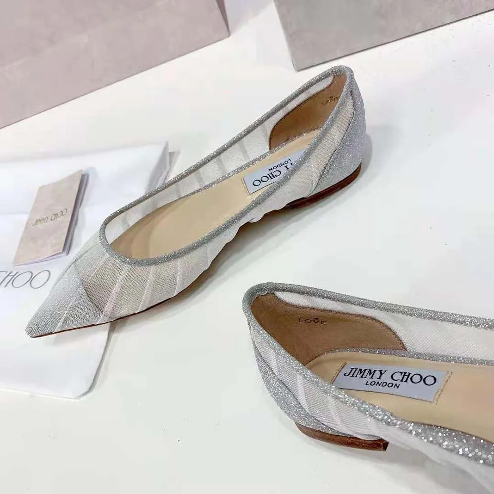 Jimmy Choo Love Flat Metallic Silver Glitter Fabric Flats for Women Jimmy Choo Love Flat Metallic Silver Glitter Fabric Flats for Women