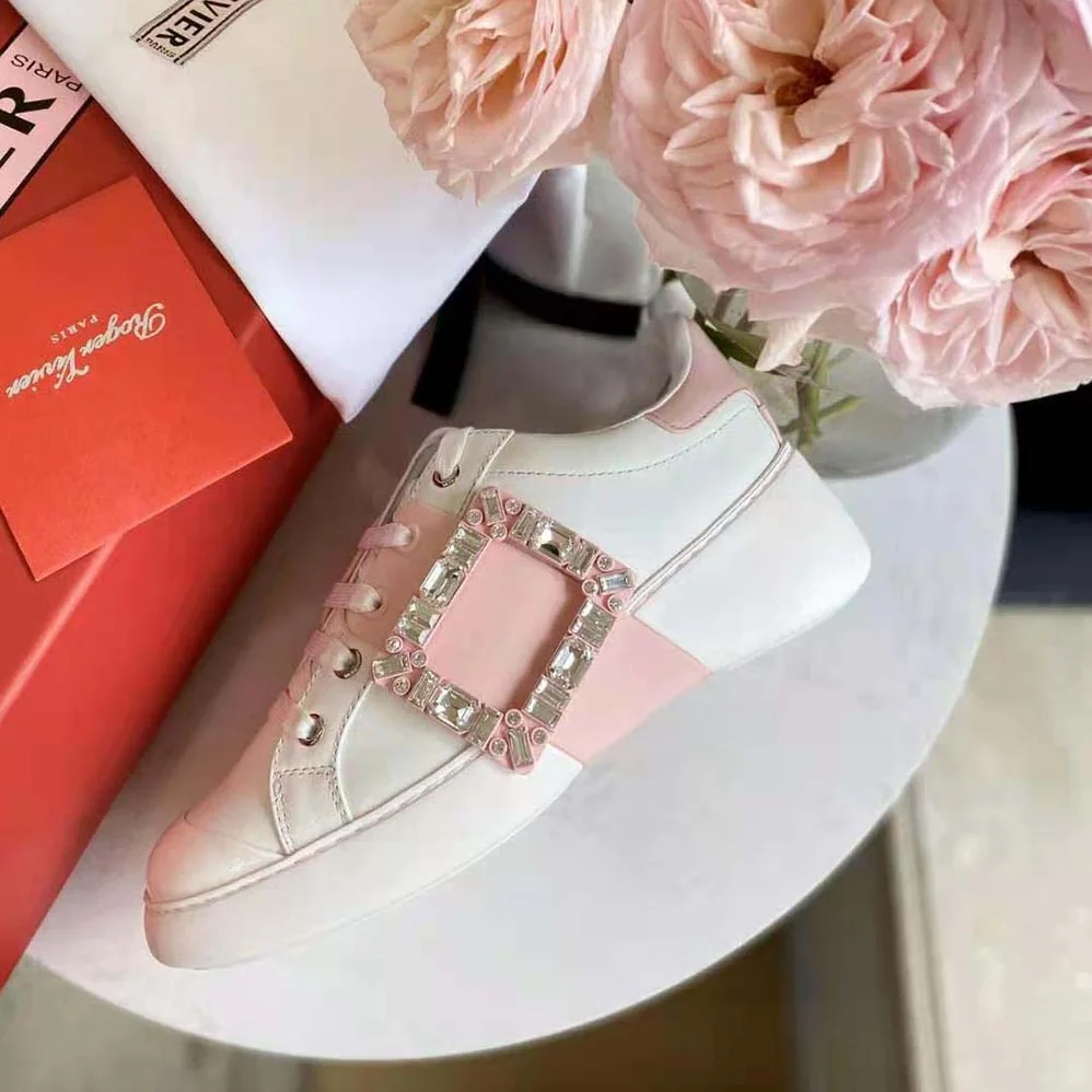 Roger Vivier Viv Skate Strass Buckle Sneakers in Soft Leather for Women in Pink Roger Vivier Viv Skate Strass Buckle Sneakers in Soft Leather for Women in Pink
