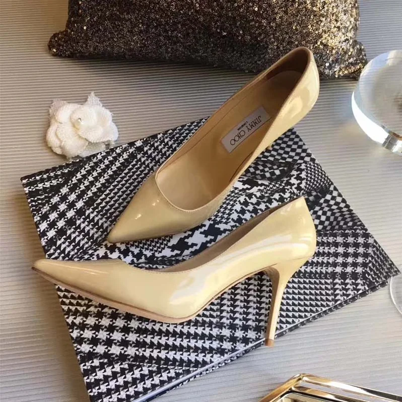 Jimmy Choo Romy 85 Patent Leather Pointy Toe Pumps Shoes for Women in Beige