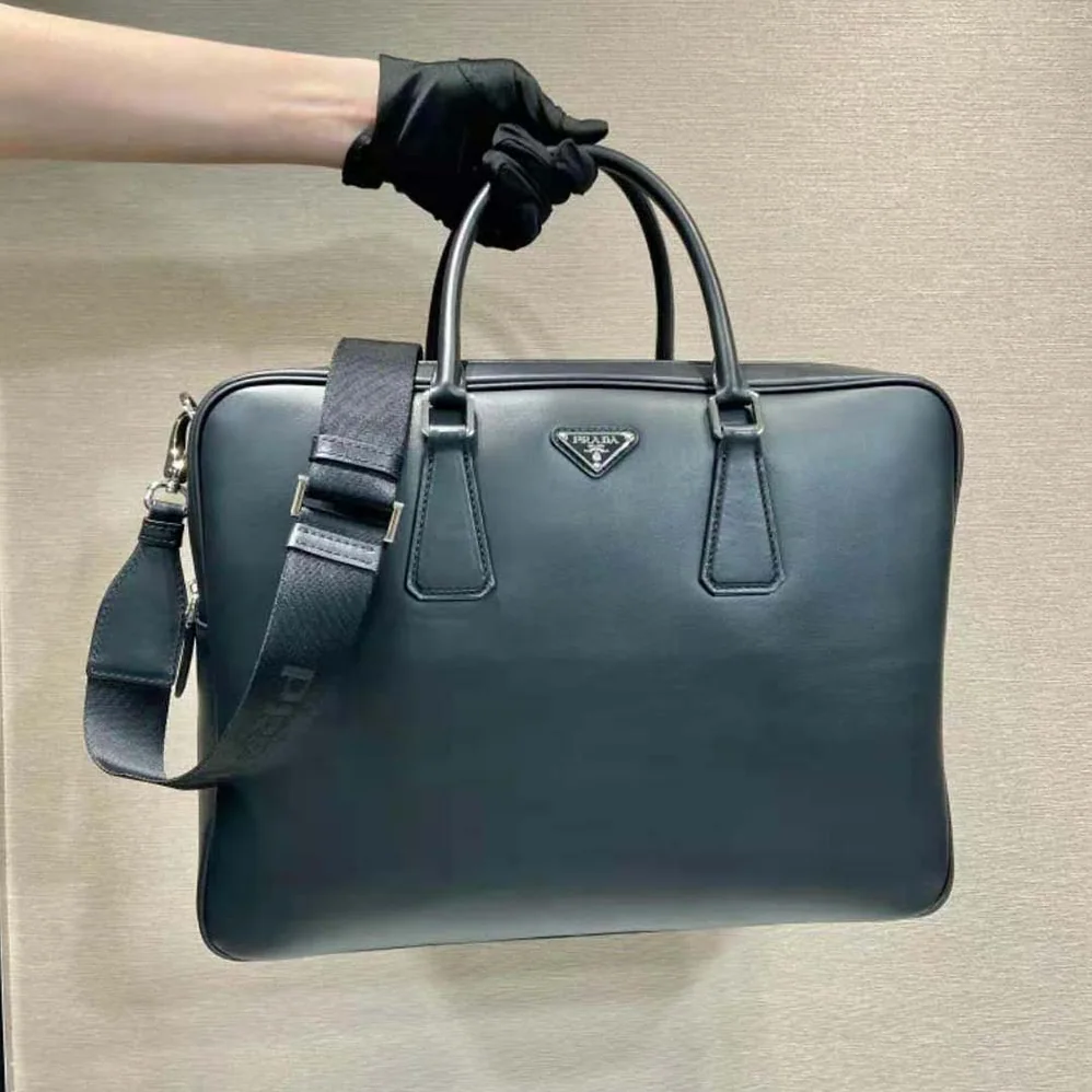 Prada Leather Briefcase with Enameled Metal Triangle Logo for Men Prada Leather Briefcase with Enameled Metal Triangle Logo for Men