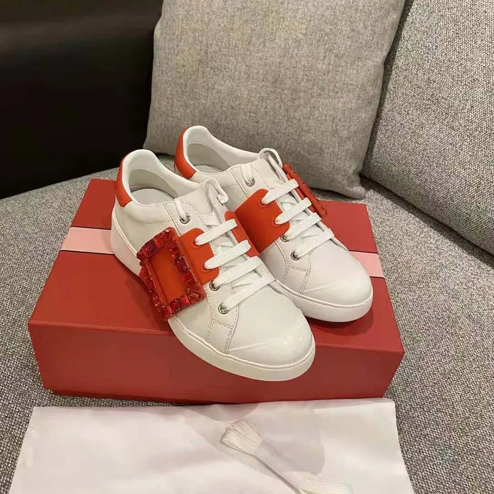 Roger Vivier Viv Skate Strass Buckle Sneakers in Soft Leather for Women in Red