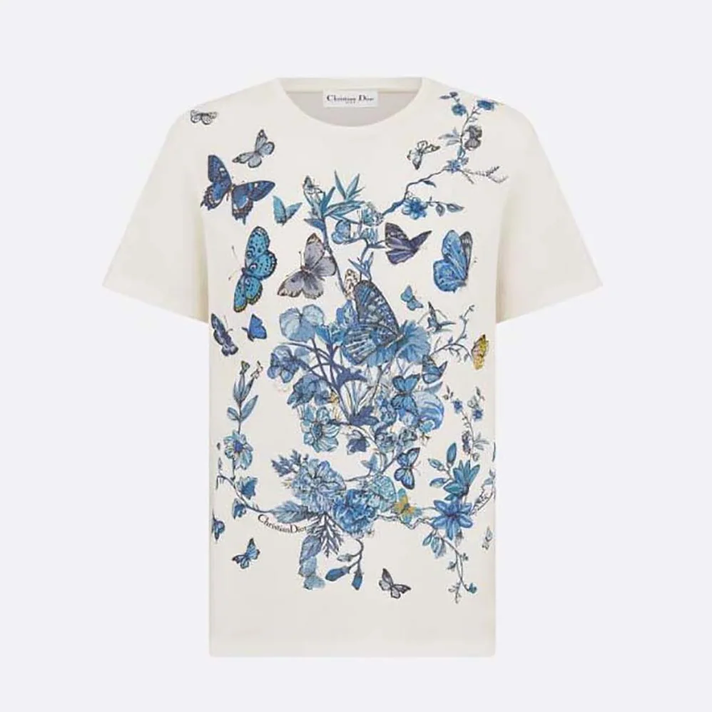 Dior T-Shirt White Cotton Jersey with Pastel Midnight Blue Toile de Jouy Mexico Motif for Women Dior T-Shirt White Cotton Jersey with Pastel Midnight Blue Toile de Jouy Mexico Motif for Women